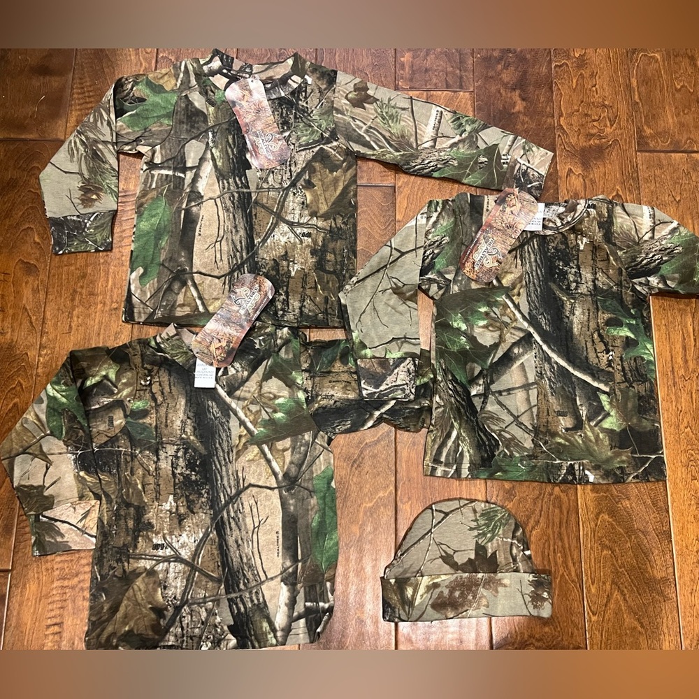 Set of 4 piece Camouflage Long Sleeve Shirts (3) and Beanie Set NWT